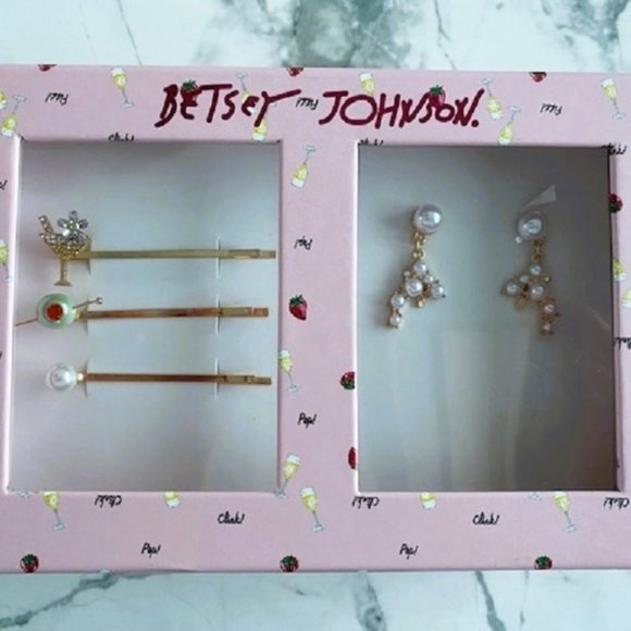 Betsey Johnson Set of 3 Martini Bobby Pins & Drop Pearl Earrings